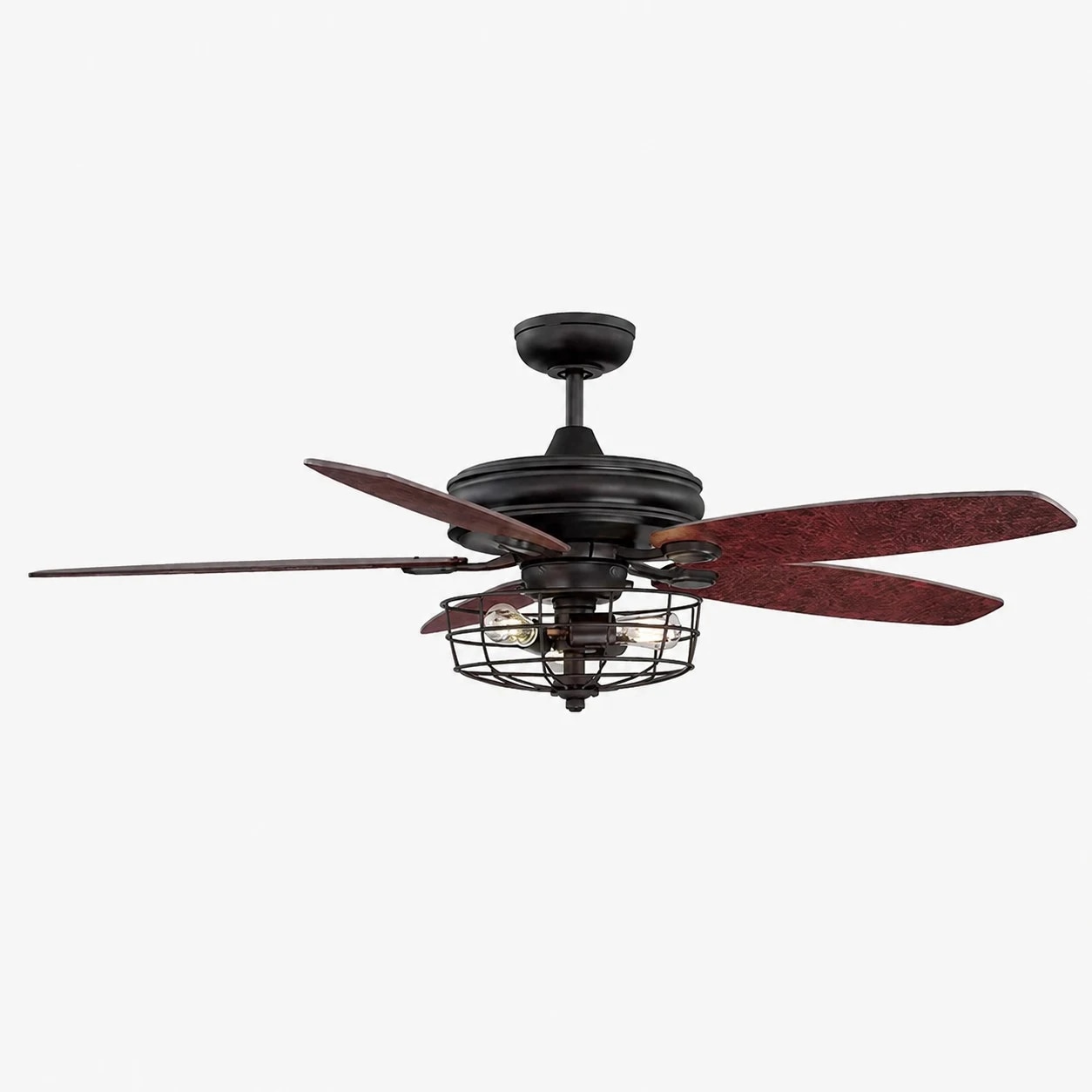 Black vintage caged ceiling fan light with wood blades, 107 cm / 42″