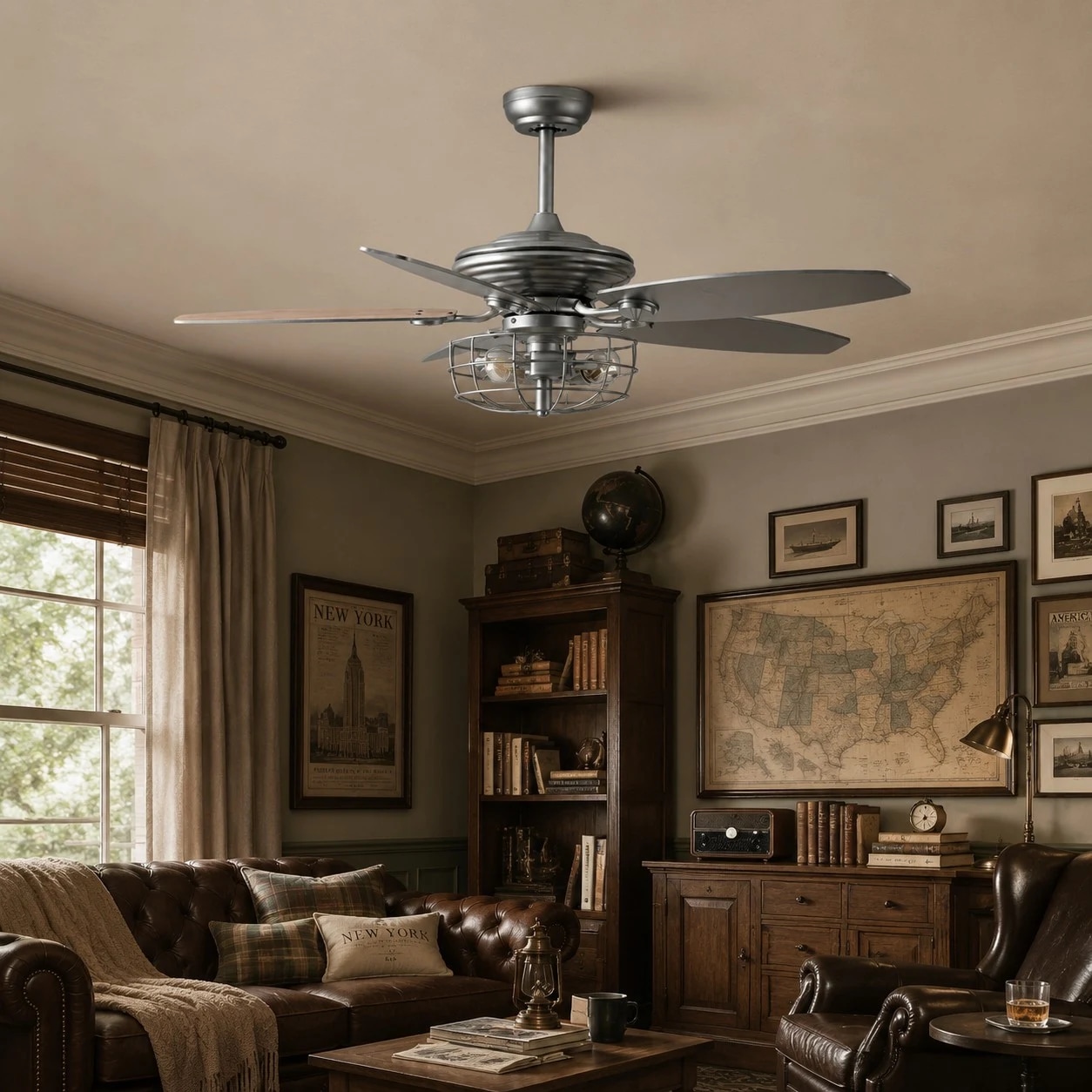 Silver ceiling fan light in a warm study room