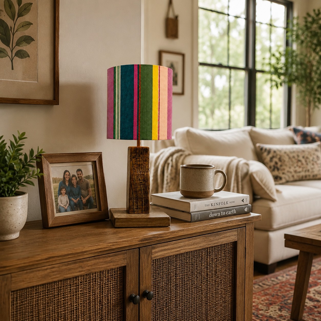 Colorful printed fabric table lamp in a styled interior