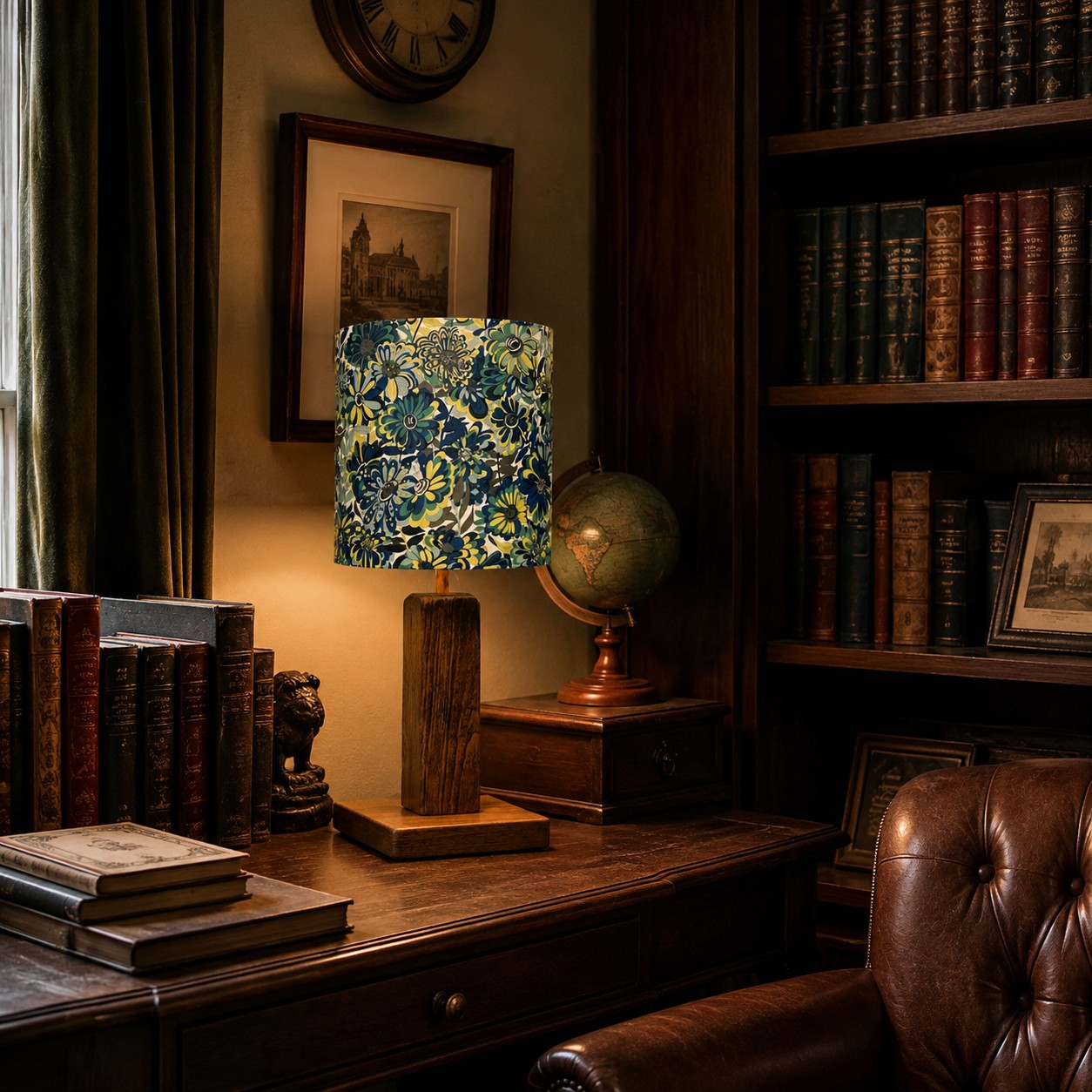 Colorful printed fabric table lamp in a styled interior