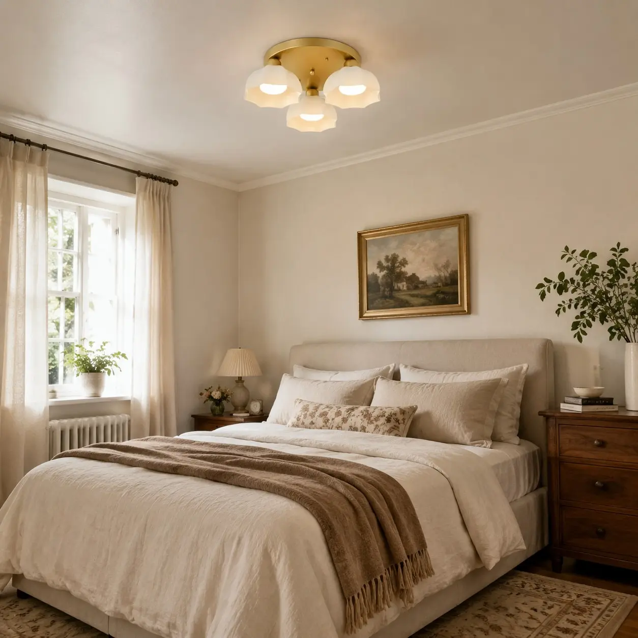 White glass flush mount light in a styled bedroom