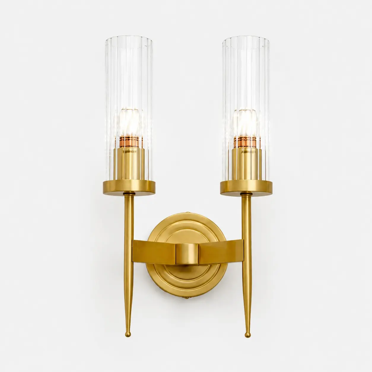 Double-head brass wall lamp with ribbed glass shades