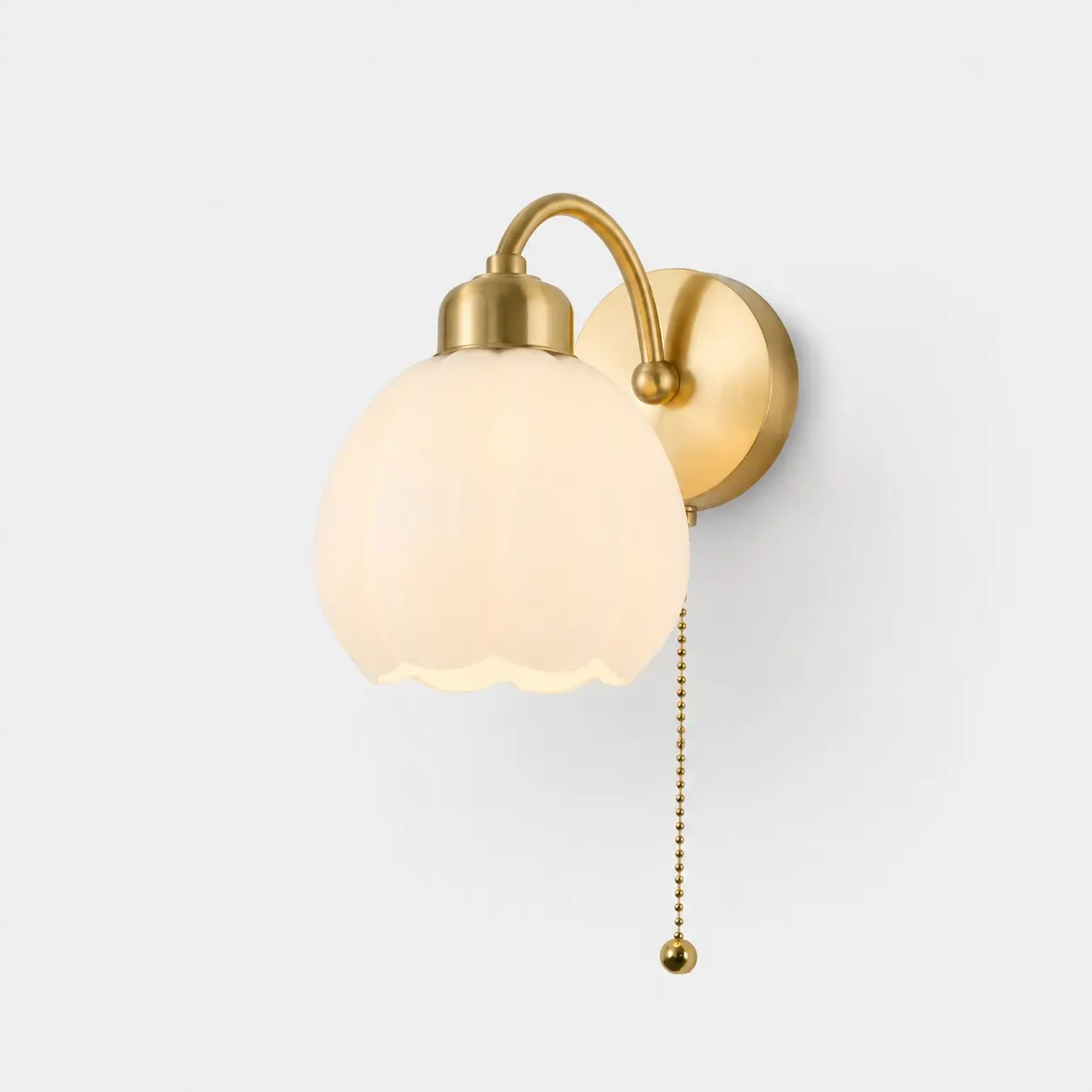 Solid brass milk glass flower wall lamp with pull chain