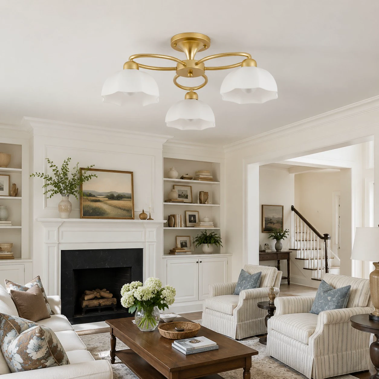 5-light ceiling fixture in a classic living room