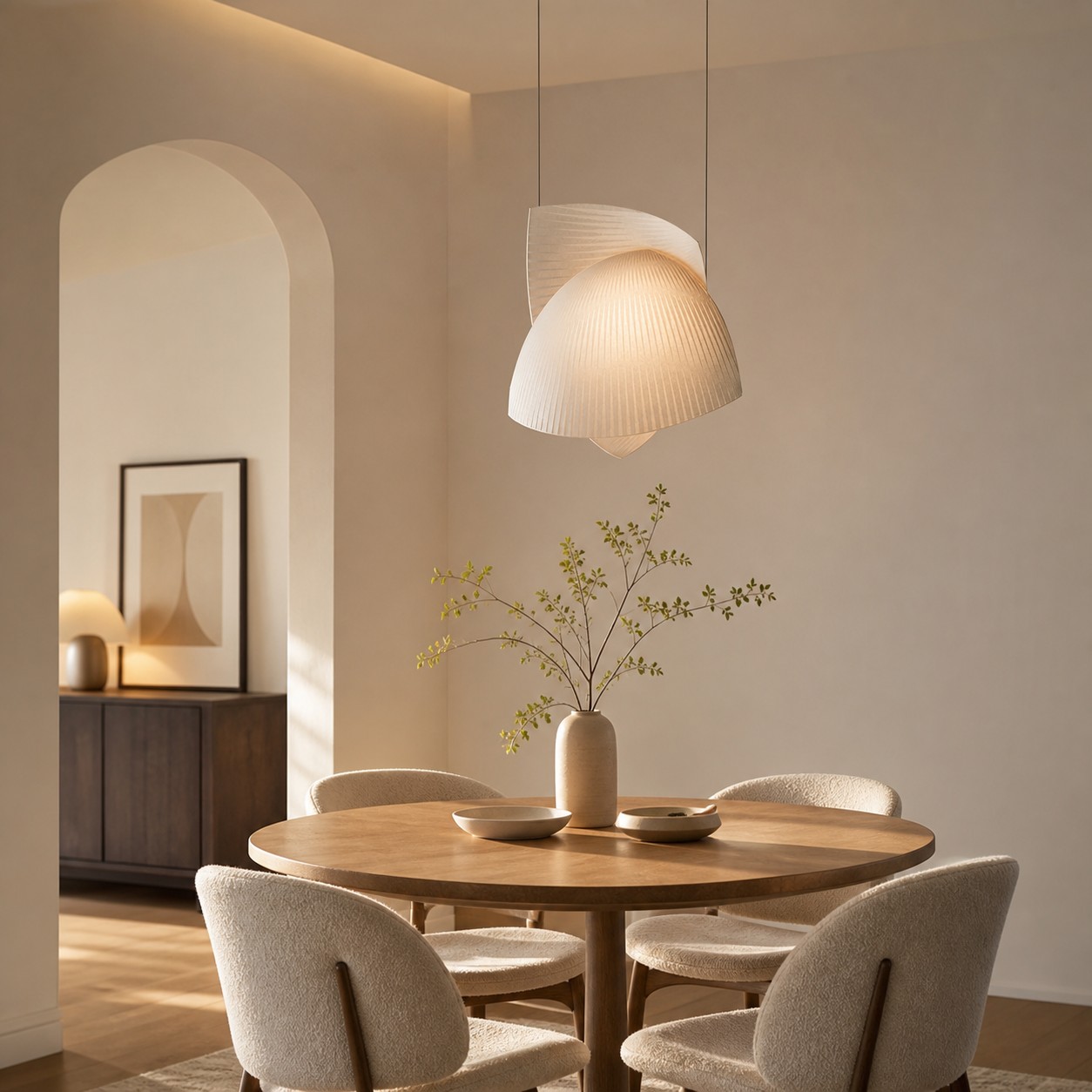 Pleated fabric pendant light in a warm dining room