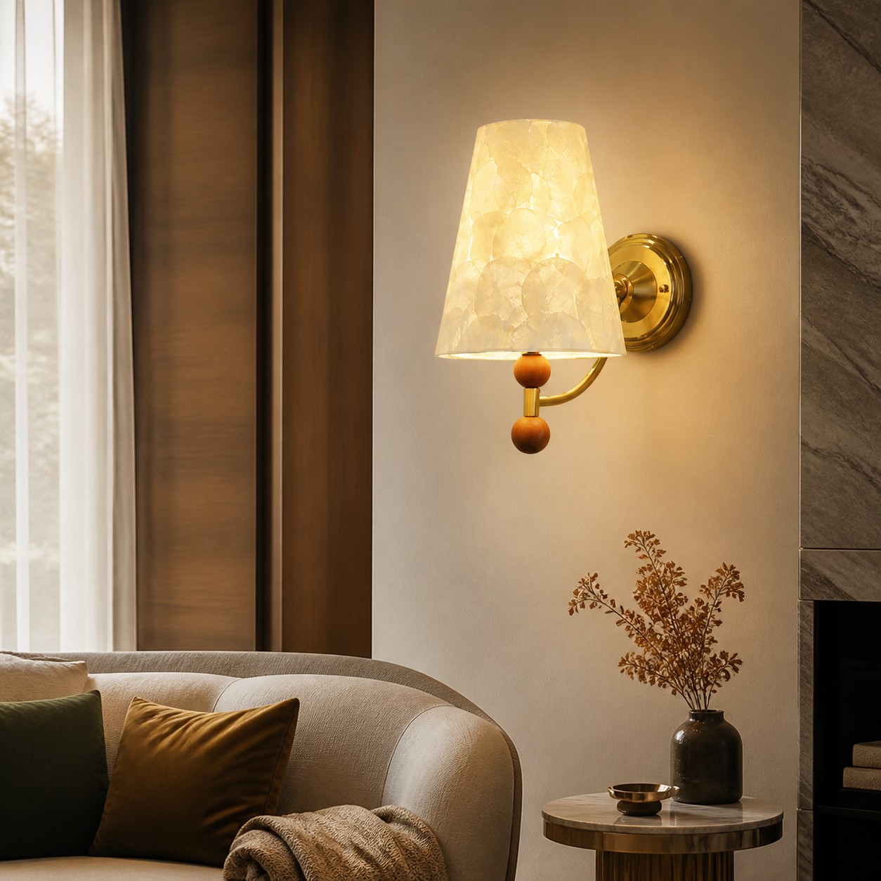 Warm Capiz shell wall light beside a curved sofa and stone fireplace