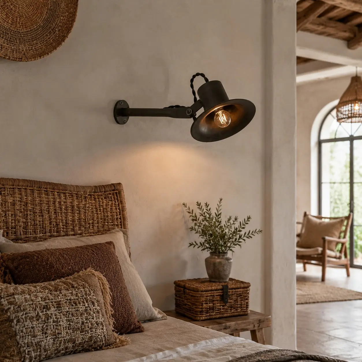 Matte black wall light in a bedroom