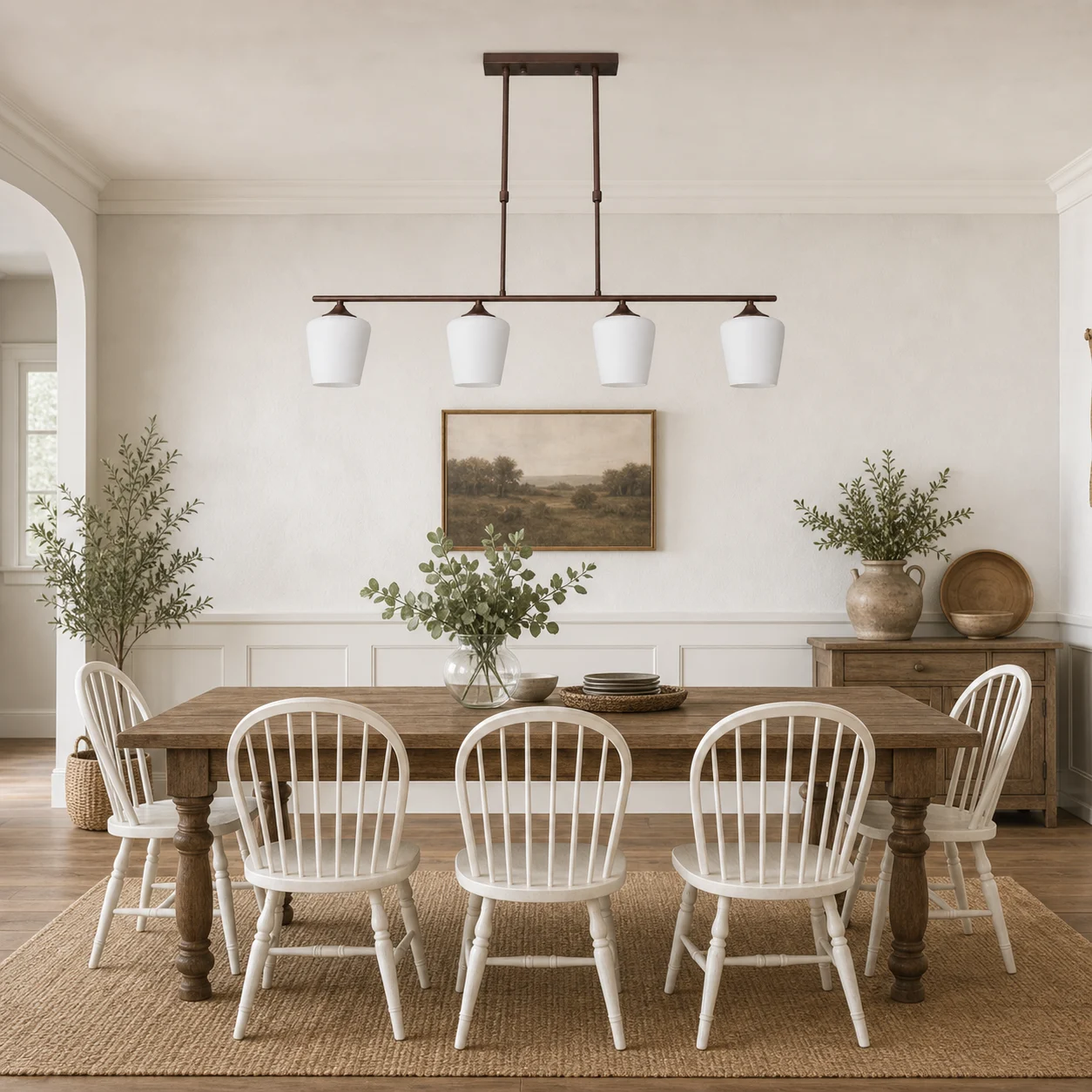 Lampadario Strellux marrone caffè sopra un tavolo da pranzo farmhouse