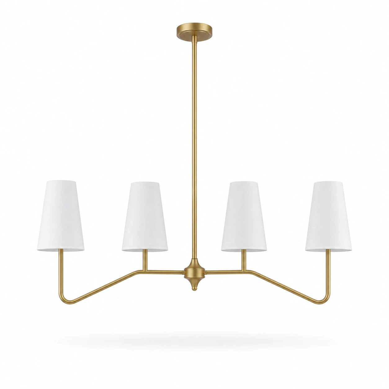 Lampadario lineare Strellux finitura ottone con paralumi bianchi