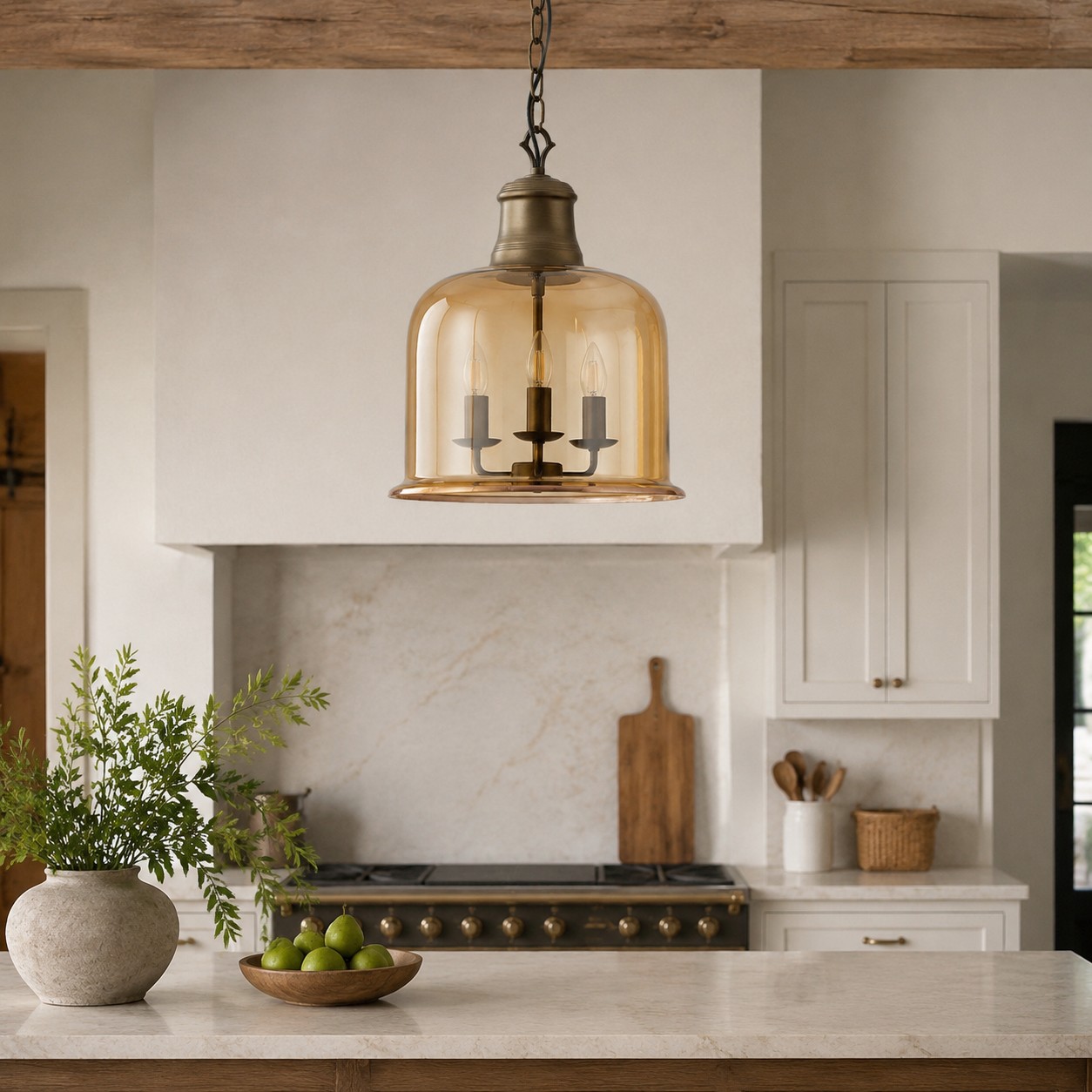 Lampadario a sospensione in vetro marrone dorato in cucina