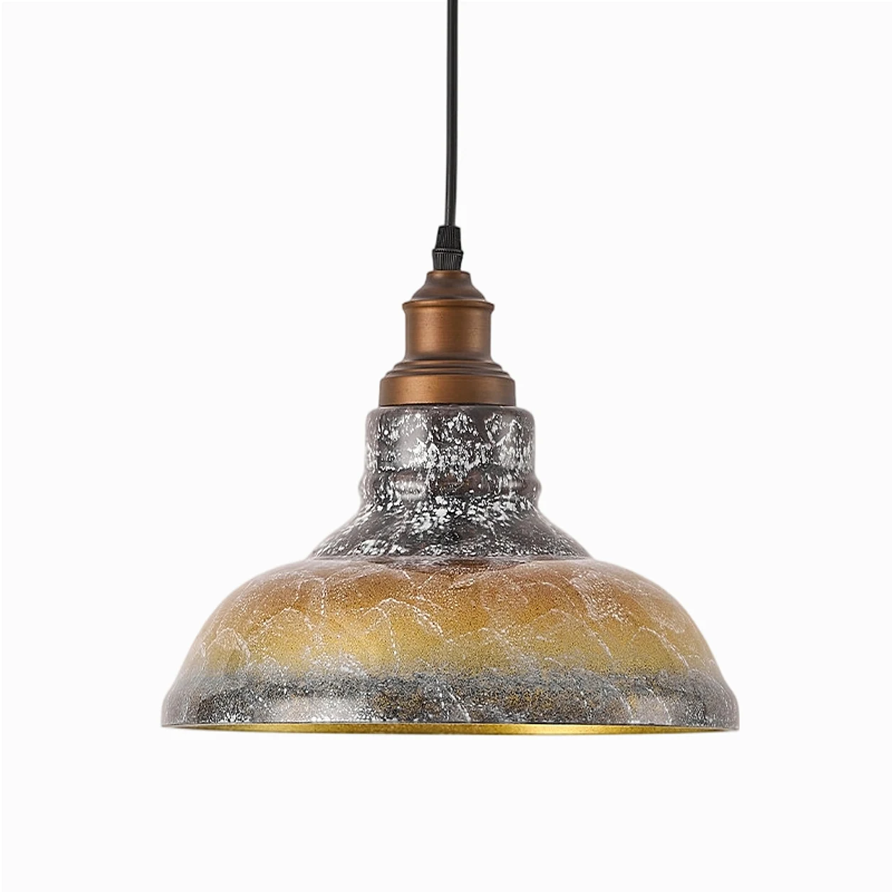 Lampada a sospensione in vetro grigio fumo e oro con finitura bronzo spazzolato.