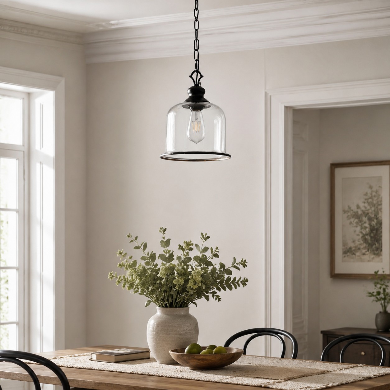 Lampadario a sospensione vintage in vetro in sala da pranzo