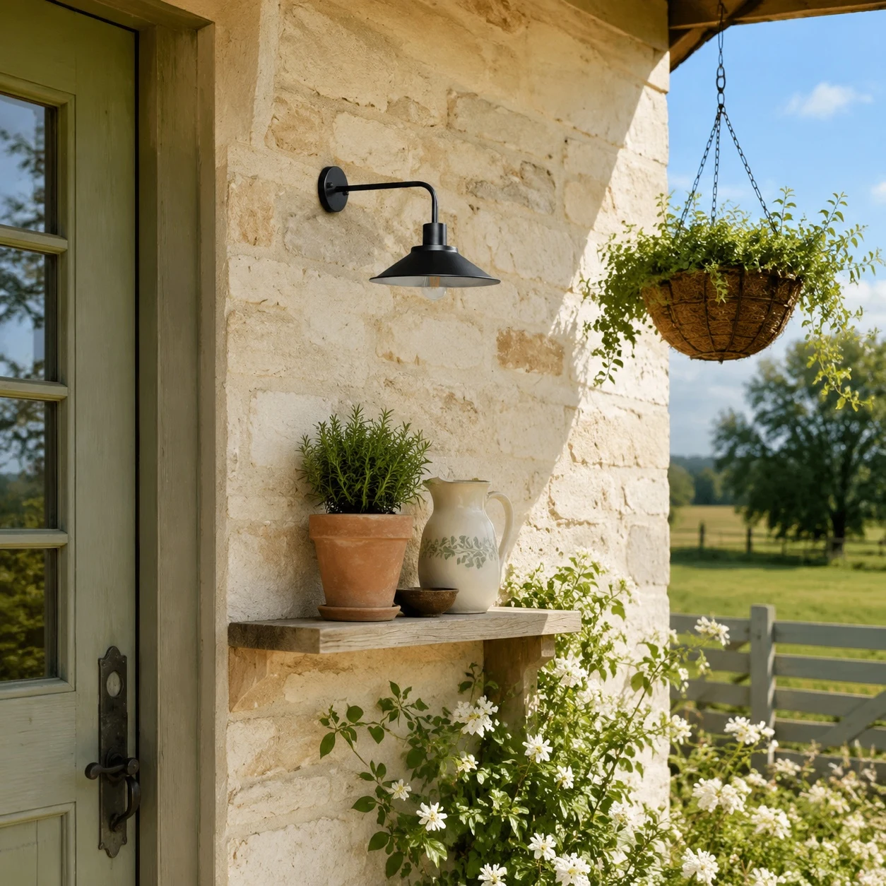 Outdoor wall lamp near a porch shelf