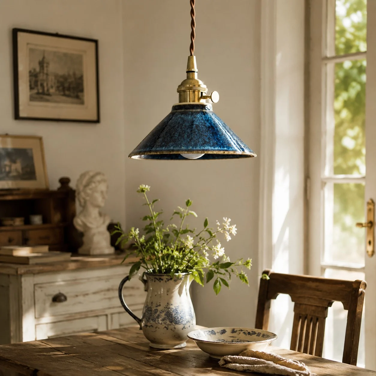 Lampadario a sospensione in ceramica blu sopra un tavolino da tè vintage vicino a una finestra