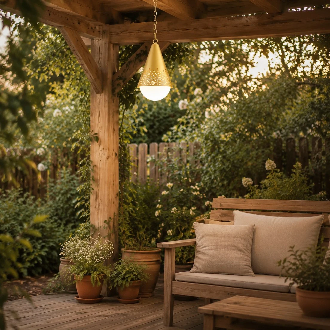 Lampada a sospensione Baoxela appesa a una pergola in legno in un’area salotto del cortile