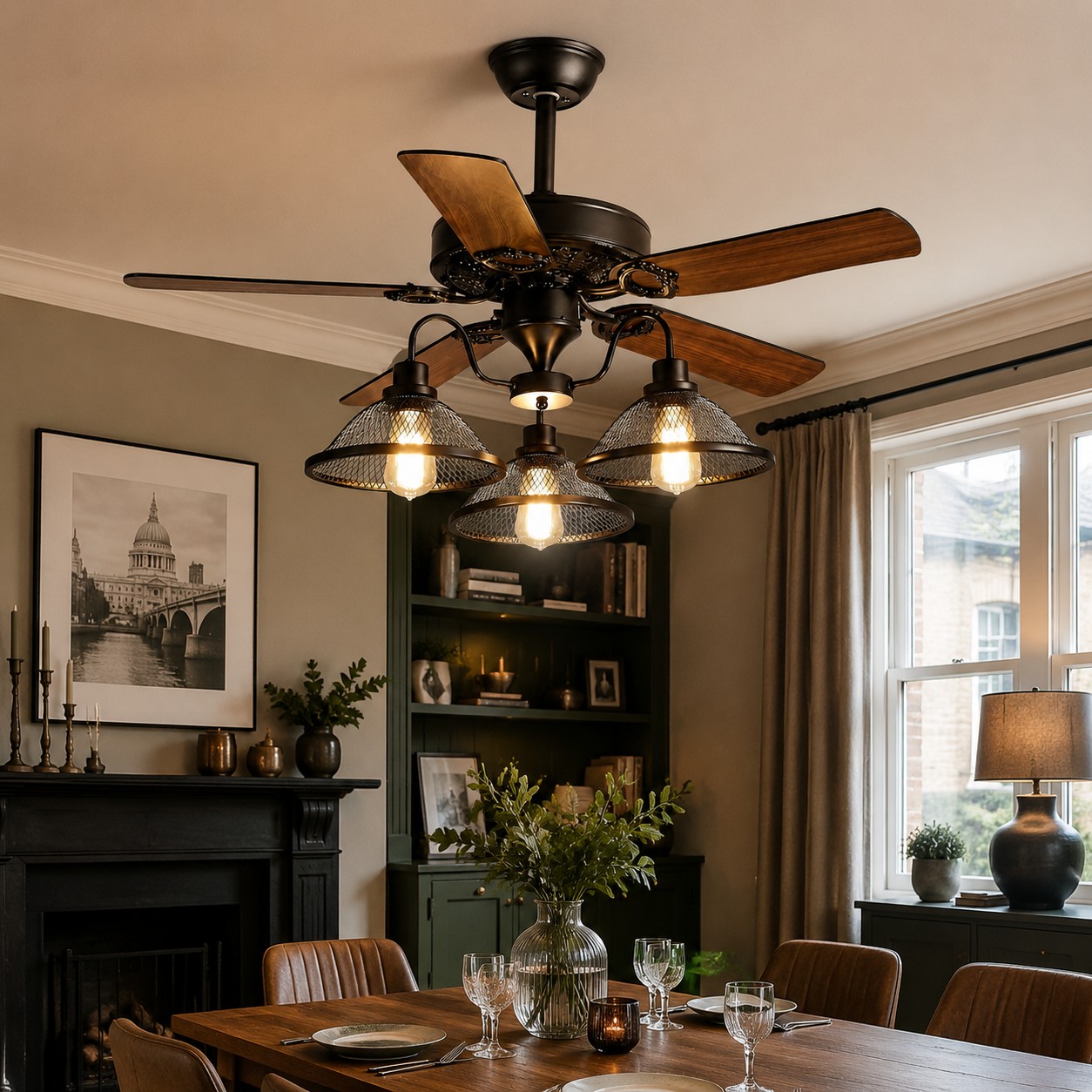 Ventilatore da soffitto con luce integrata, modello Konoha e foglie di banano, in legno, per arredare la stanza.