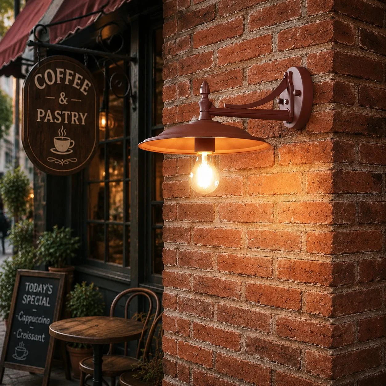 Applique marrone caffe accanto a una facciata in mattoni stile caffe
