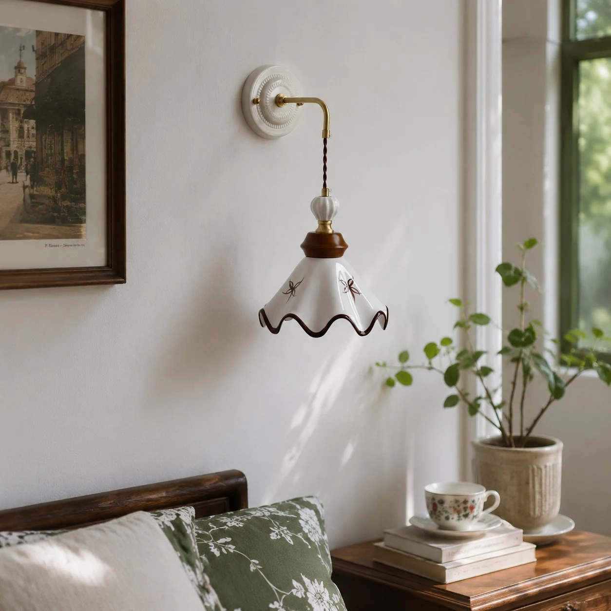 Lampada da parete in ceramica dipinta a mano, accanto a un quadro incorniciato e a una poltrona da lettura.