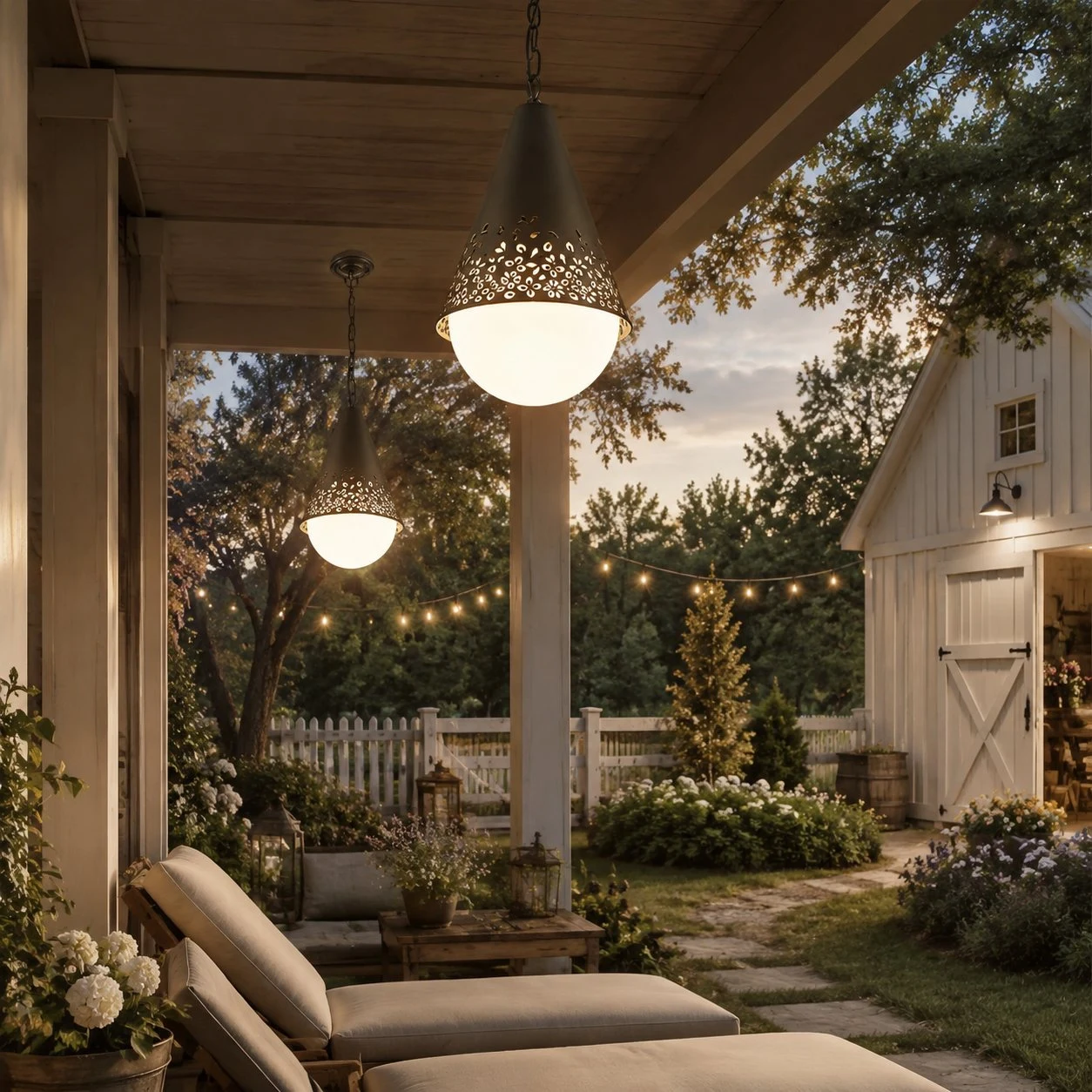 Lampada a sospensione da esterno Baoxela installata su patio da giardino coperto al tramonto