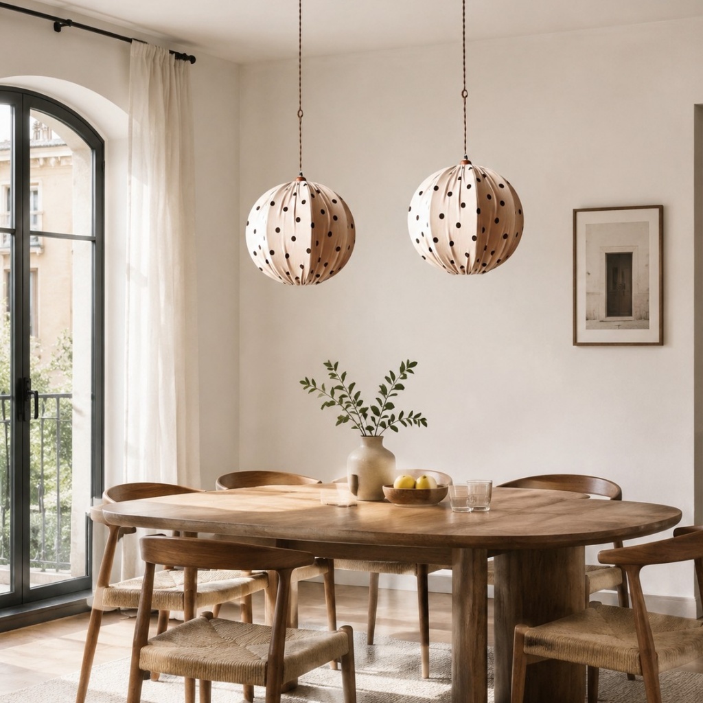 Creme polka dot fabric pendant lamp above a dining table