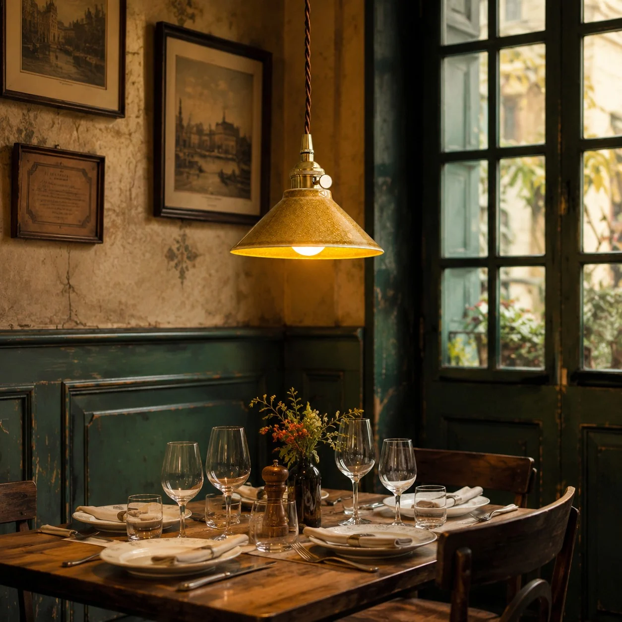 Lampadario a sospensione in ceramica smaltata gialla sopra un tavolo da ristorante vintage.