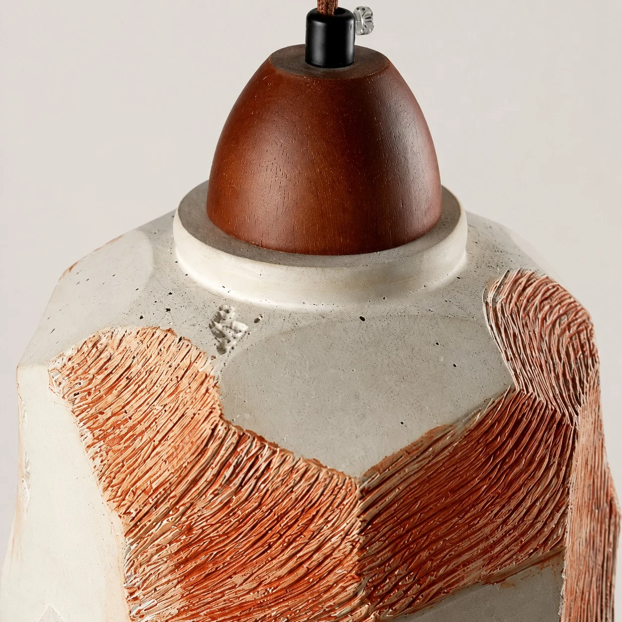 Solid wood lamp holder and textured shade close-up
