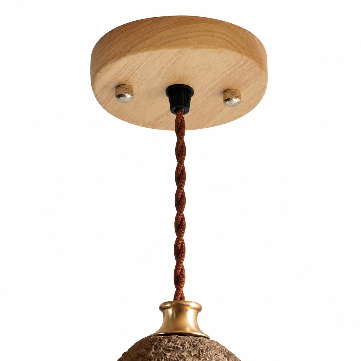 Wood ceiling canopy and twisted pendant cord detail