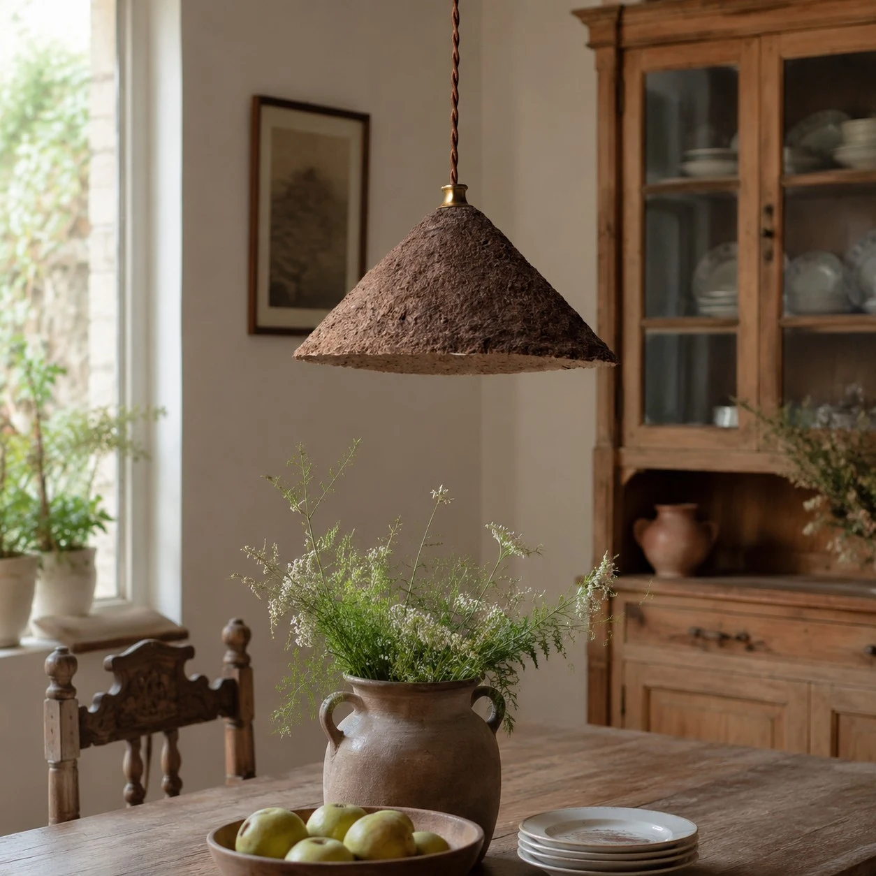 Wabi-sabi conical pendant light above a warm wooden dining table