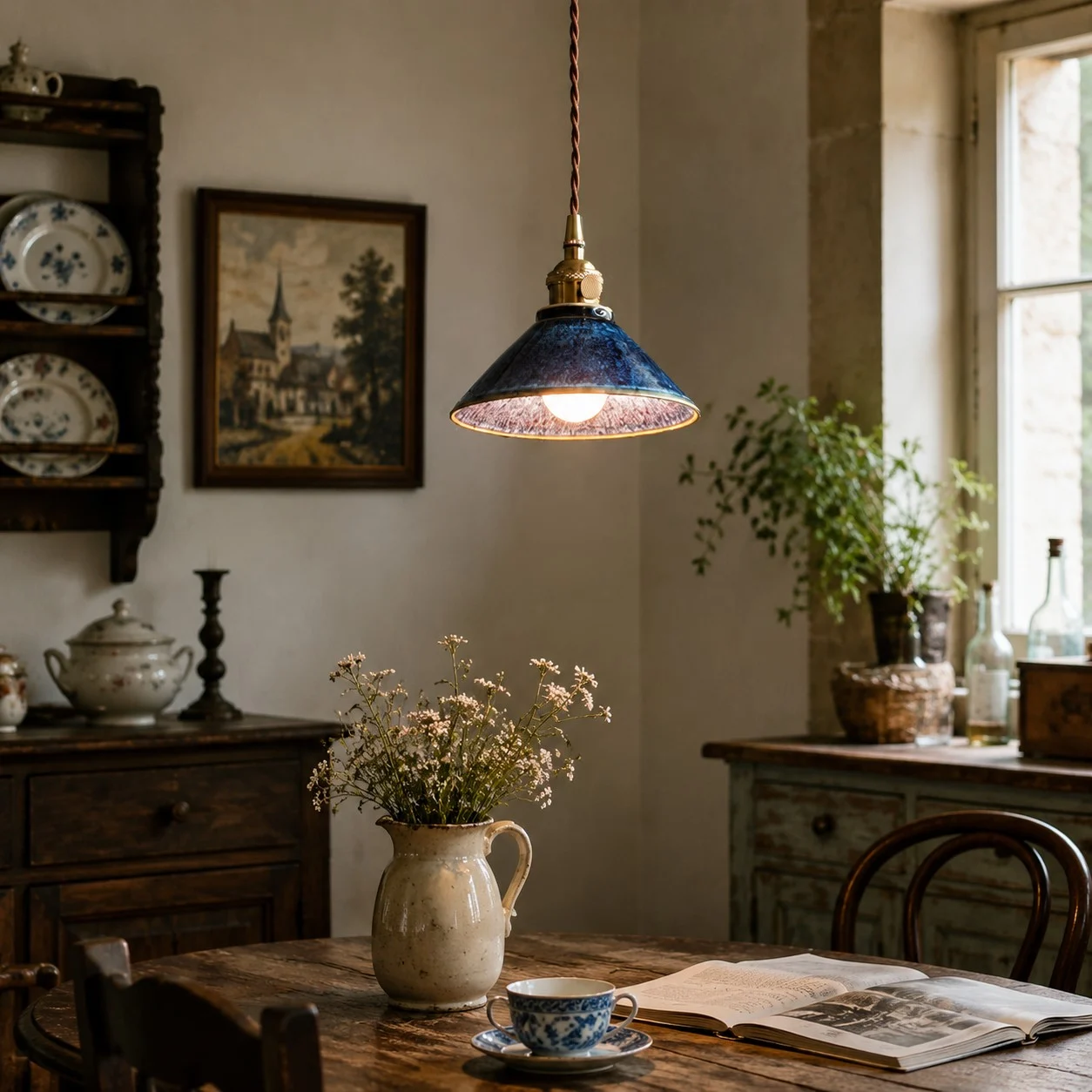 Lampadario a sospensione in ceramica blu installato sopra un tavolo da pranzo rustico.