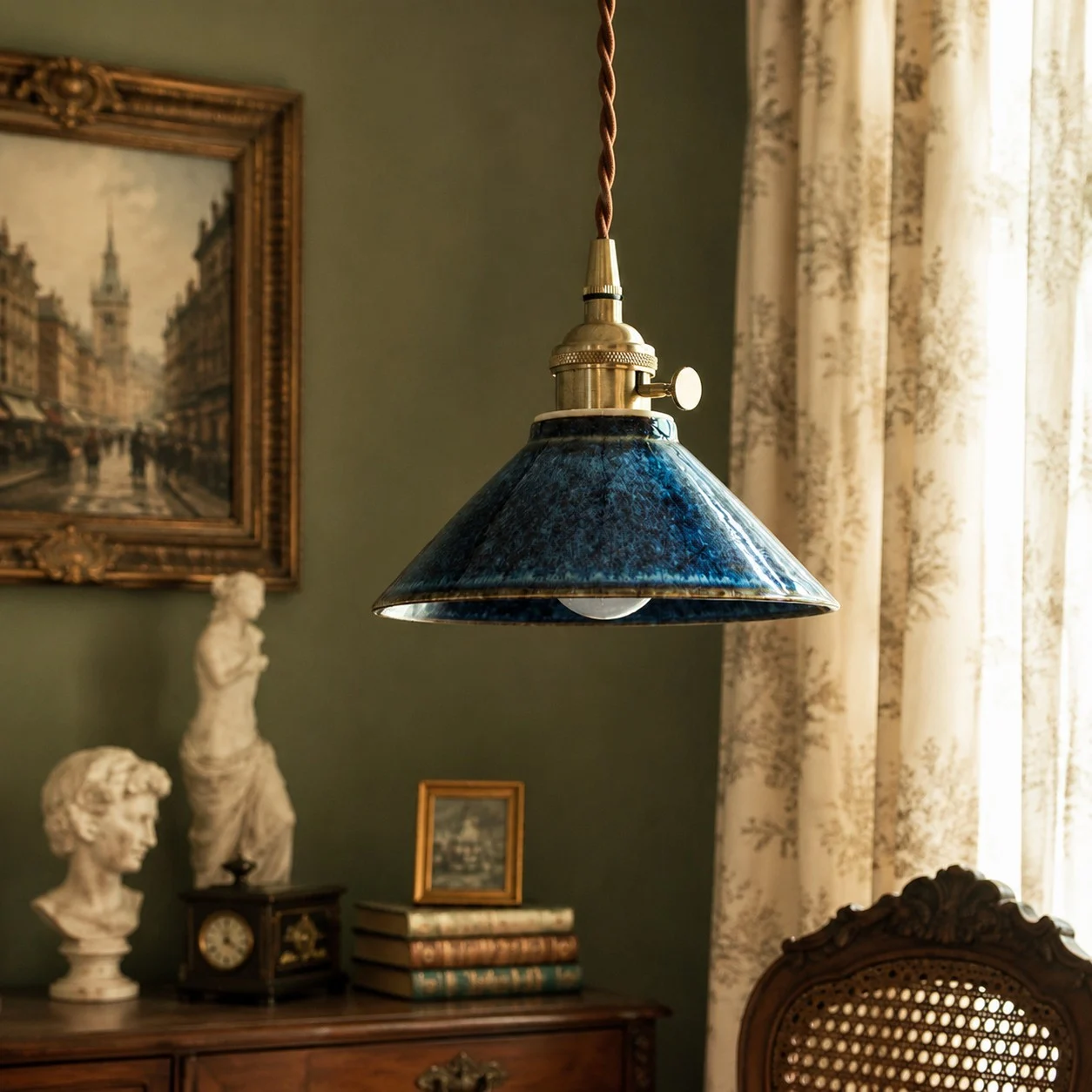 Lampada a sospensione in ceramica smaltata blu, perfetta per un classico angolo lettura.