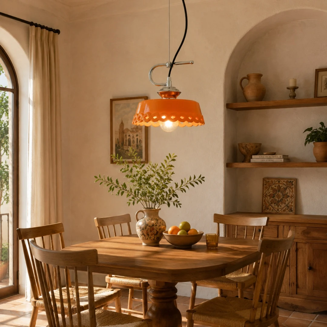 Lampada a sospensione in ceramica arancione in un accogliente angolo pranzo della cucina.