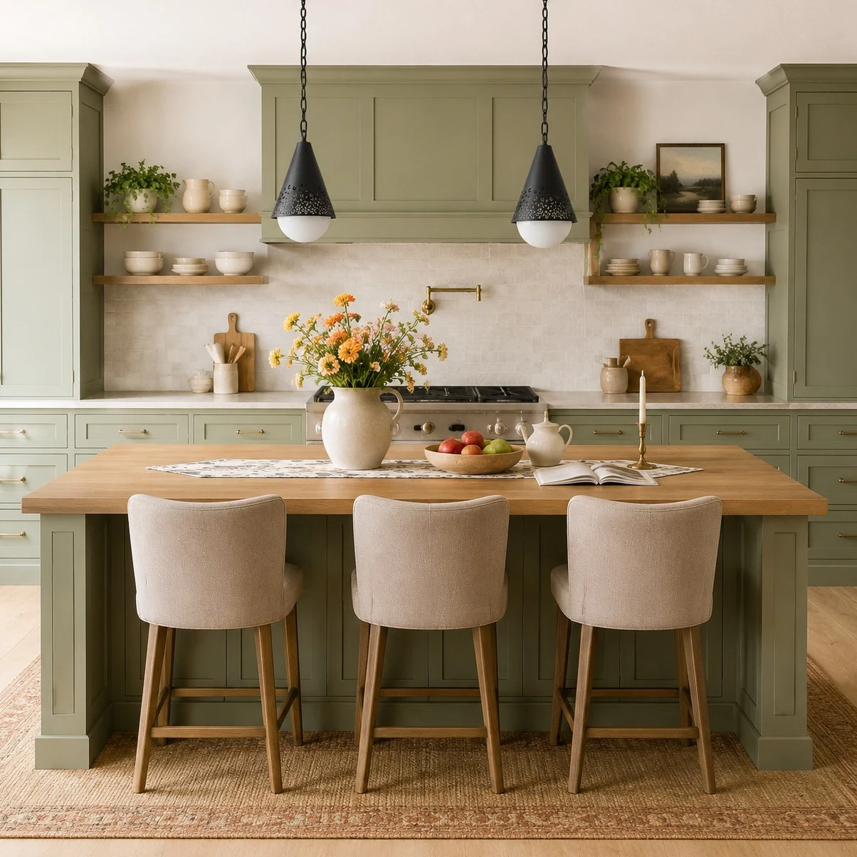 Lampade a sospensione Baoxela sopra un’isola cucina in uno styling domestico caldo