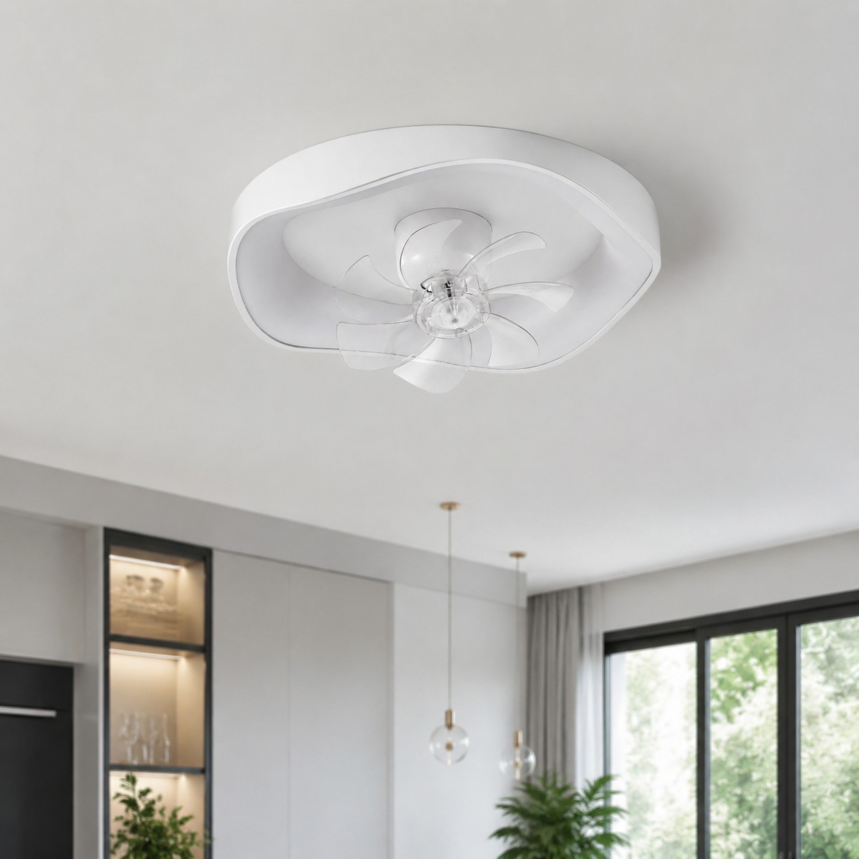 Scena di stanza moderna con lampada ventilatore da soffitto