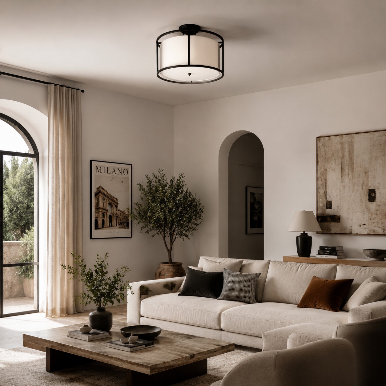 Dumora-Deckenleuchte in einem neutralen Wohnzimmer