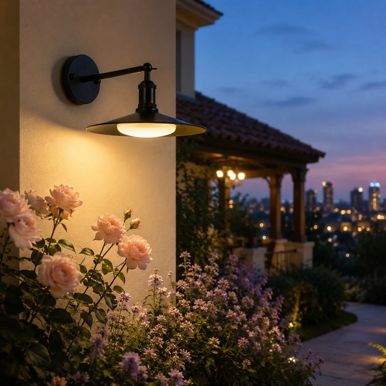 Nero outdoor wall lamp illuminating a garden entrance at dusk