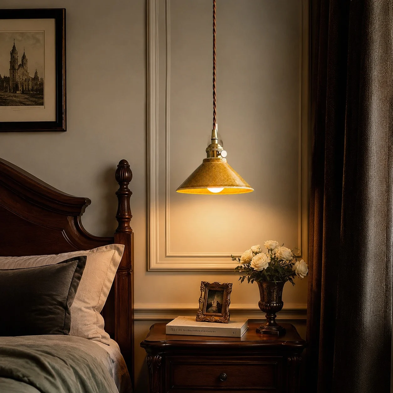 Lampada a sospensione in ceramica gialla, utilizzata come lampadario da comodino.