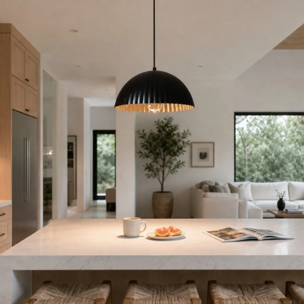 Lampada a sospensione nera in metallo in cucina e soggiorno open space