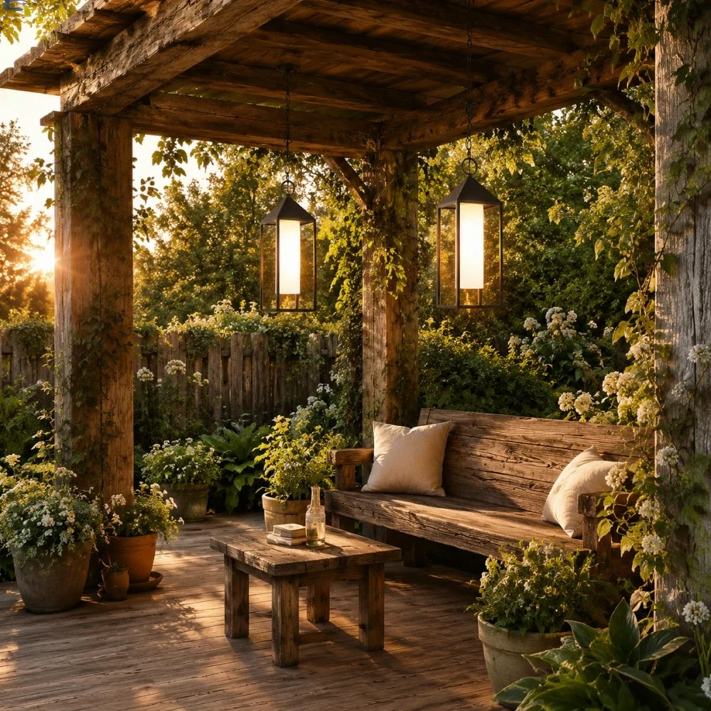 Area lounge esterna sotto pergola con lanterne sospese nere