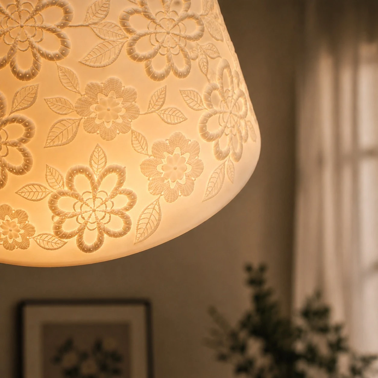 Rilievo floreale in ceramica che emana una calda luce