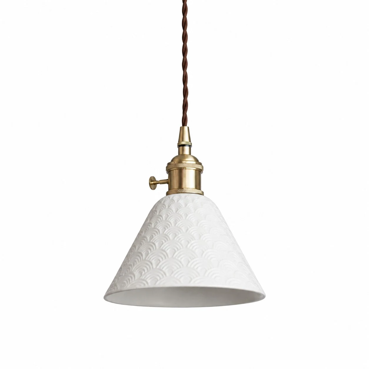 Lampada a sospensione Cone Wave in ceramica bianca e ottone