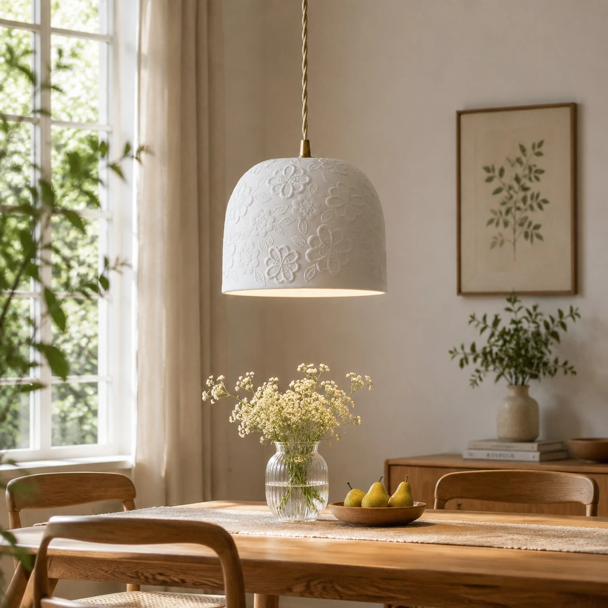 Lampada a sospensione in ottone e ceramica bianca sopra il tavolo da pranzo